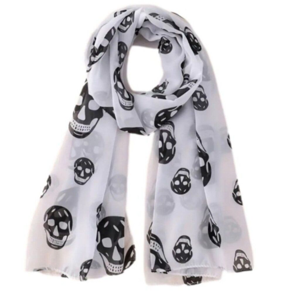 Sheer white and black skull print scarf shawl